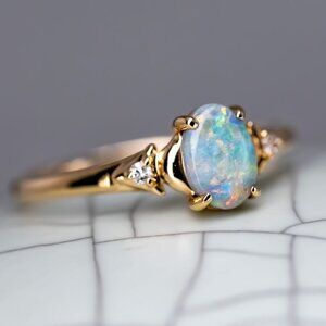 Australian Black Opal & Diamond Engagement Wedding Ring in 18k Yellow Gold
